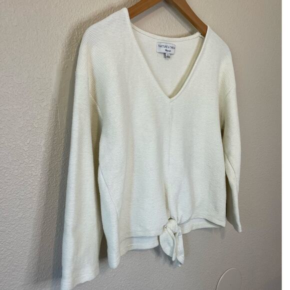 Texture & Thread Madewell Cream Ribbed V Neck Long Sleeve Tie Front Cotton Top M - Picture 10 of 10
